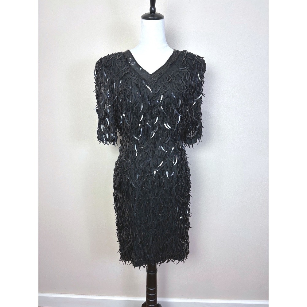 90s Vintage Sheer Fringe Beaded Cut Out Back Dress Size Small 100% Silk LBD‎ Y2K